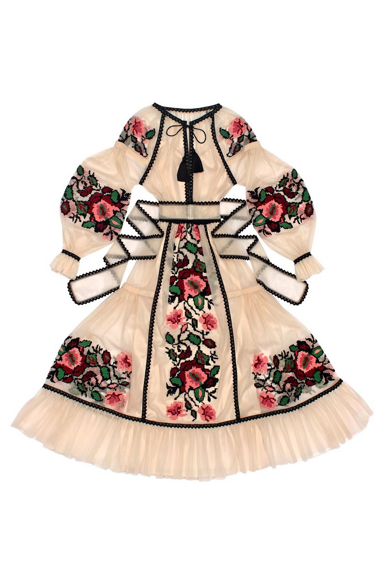 Buy Ethnic Long Tulle Ukrainian Folk Authentic Unique Beige Embroidered Dress